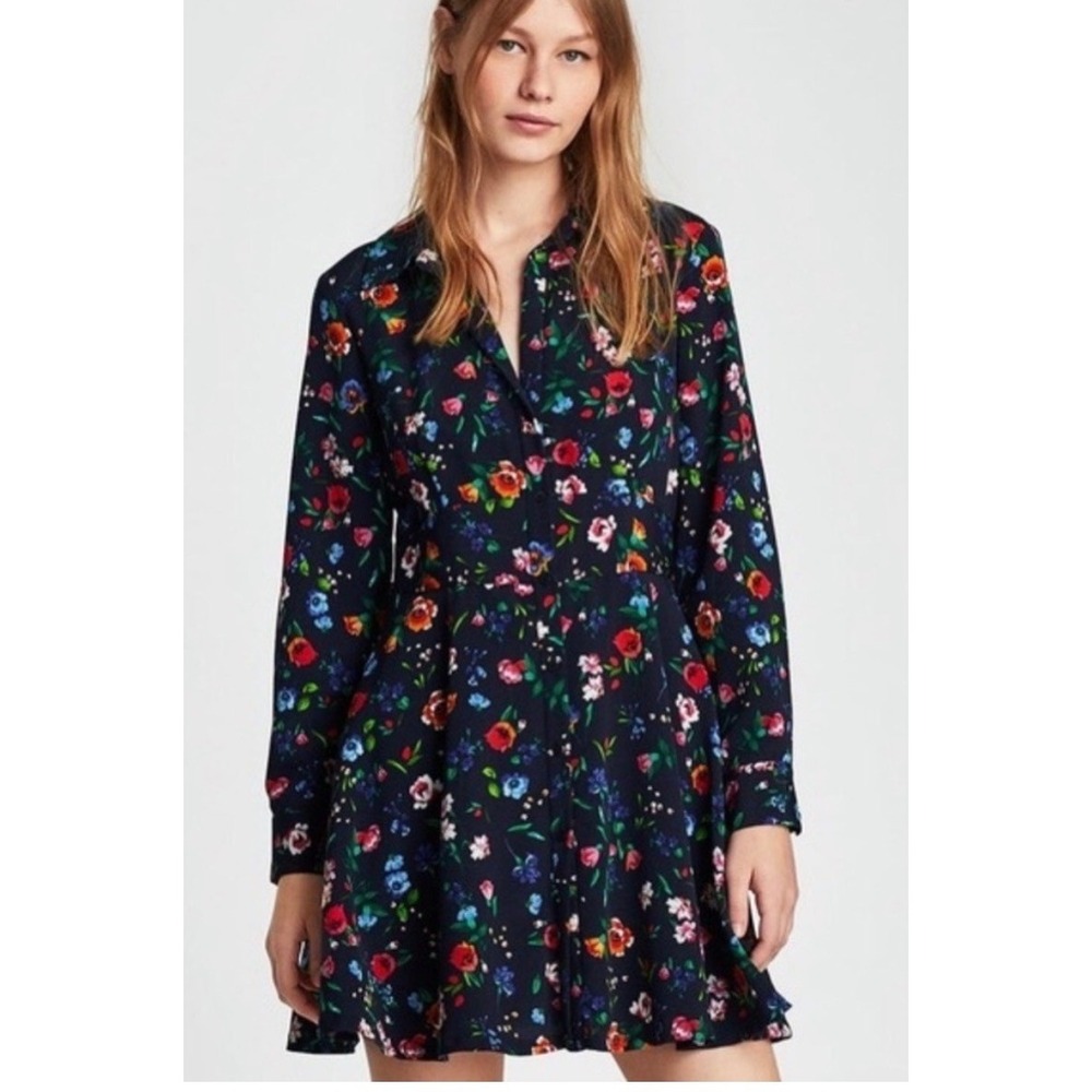 Zara Basic Navy Blue‎ Floral Button Down Long Sleeve Mini Shirt Dress Large NEW